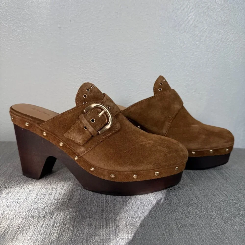 Madewell The Wes Buckle-Strap Clog Brown Suede Gold Studded Heels Platform 7